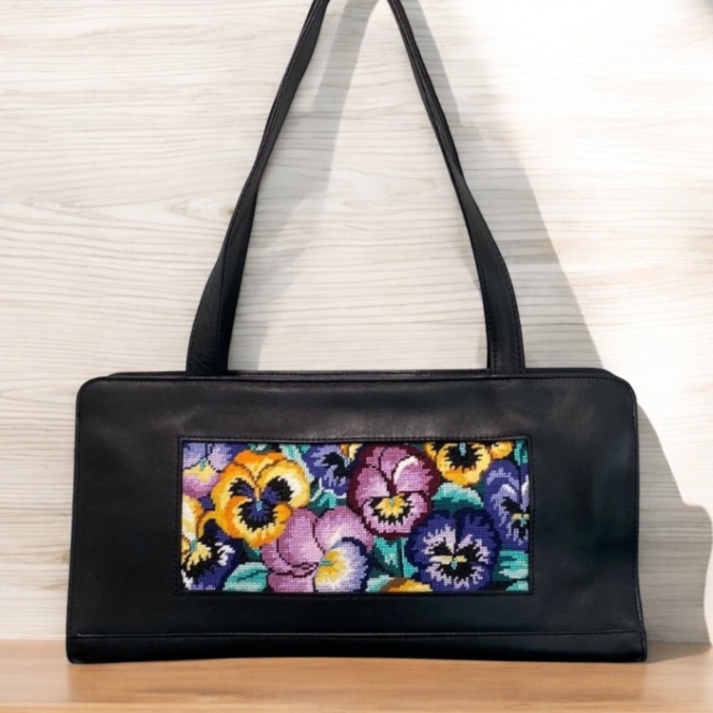 Floral Needlepoint Leather Handbag - Black, Colorful Pansy Design, Classic Tote